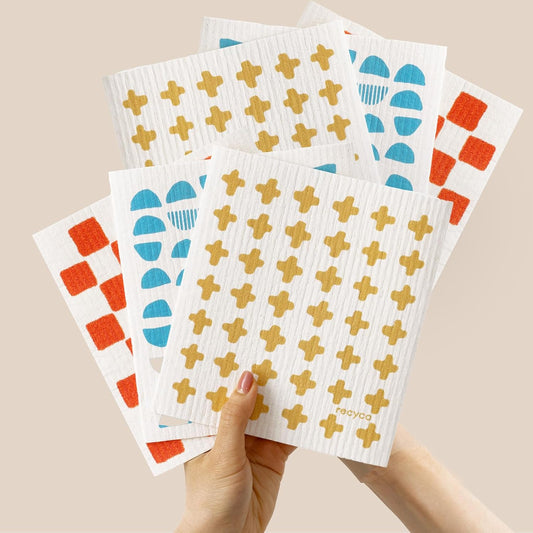 RECYCO Swedish Dishcloths for Kitchen | 6 Pack Modern Geo Washable Dish Rags | Cellulose Reusable Cleaning Paper Towels | Absorbent Counter Dish Cloth Sponge Kitchen Wipes, 8" L x 7" W