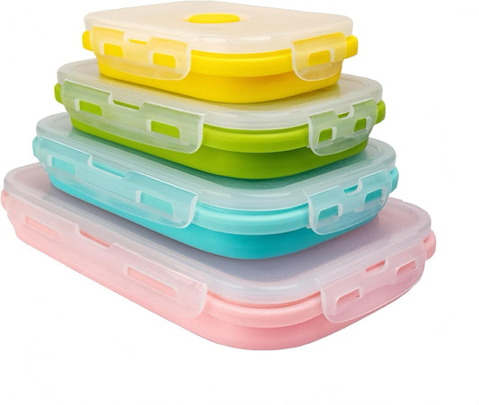 Set of 4, Collapsible Silicone Food Storage Container, Leftover Meal Box for Kitchen, Lunch Boxes with Clip-on Lid, Stackable, Space Saving, Dishwasher Safe, BPA Free