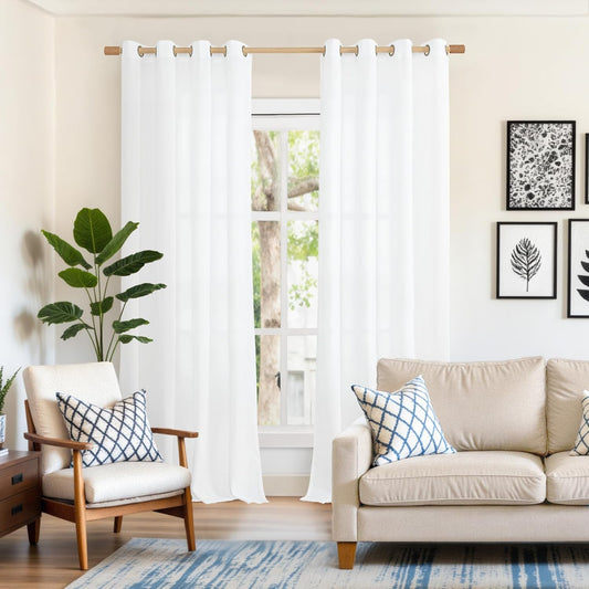 YoungsTex White Linen Curtains 102 Inches Long for Living Room Light Filtering Floor Length Drapes with Bronze Grommet for Bedroom Dining Room Country, 52 x 102 Inch, 2 Panels