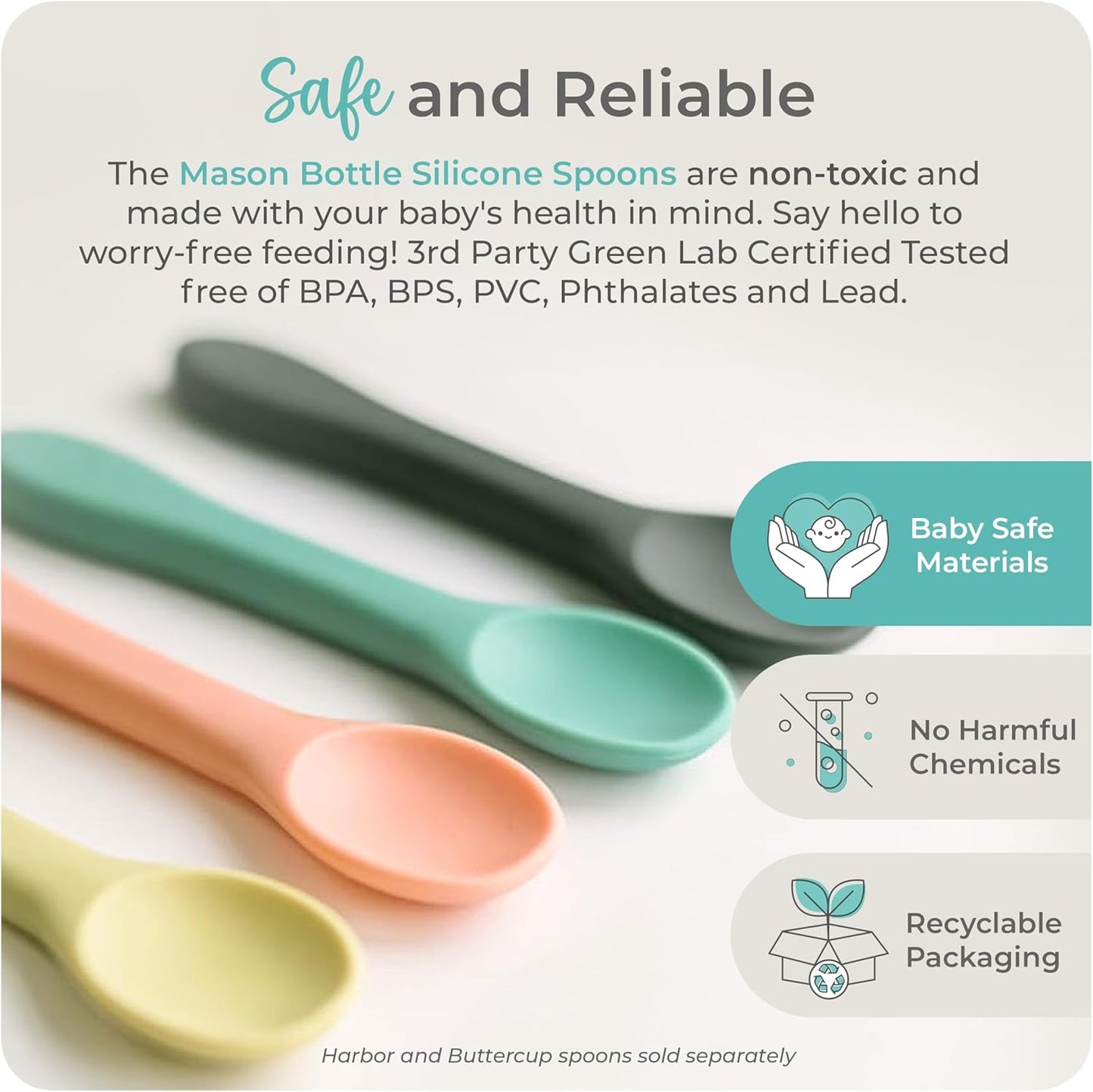 Mason Bottle Silicone Baby Spoons (2-Pack) – BPA-Free Feeding Utensils for Babies 6–12 Months – Puree Spoons with Case, Non-Toxic, Dishwasher Safe (Teal & Grey)