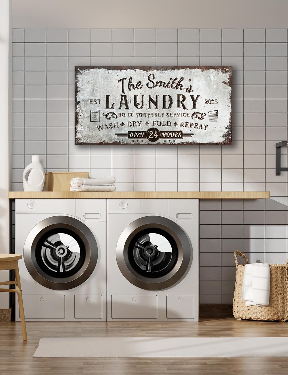 IPIC - Personalized Laundry Room Sign, Custom Canvas Wall Art with Family Name, Rustic Farmhouse Wall Decor and Accessories for Business and Home, Wash Dry Fold Repeat