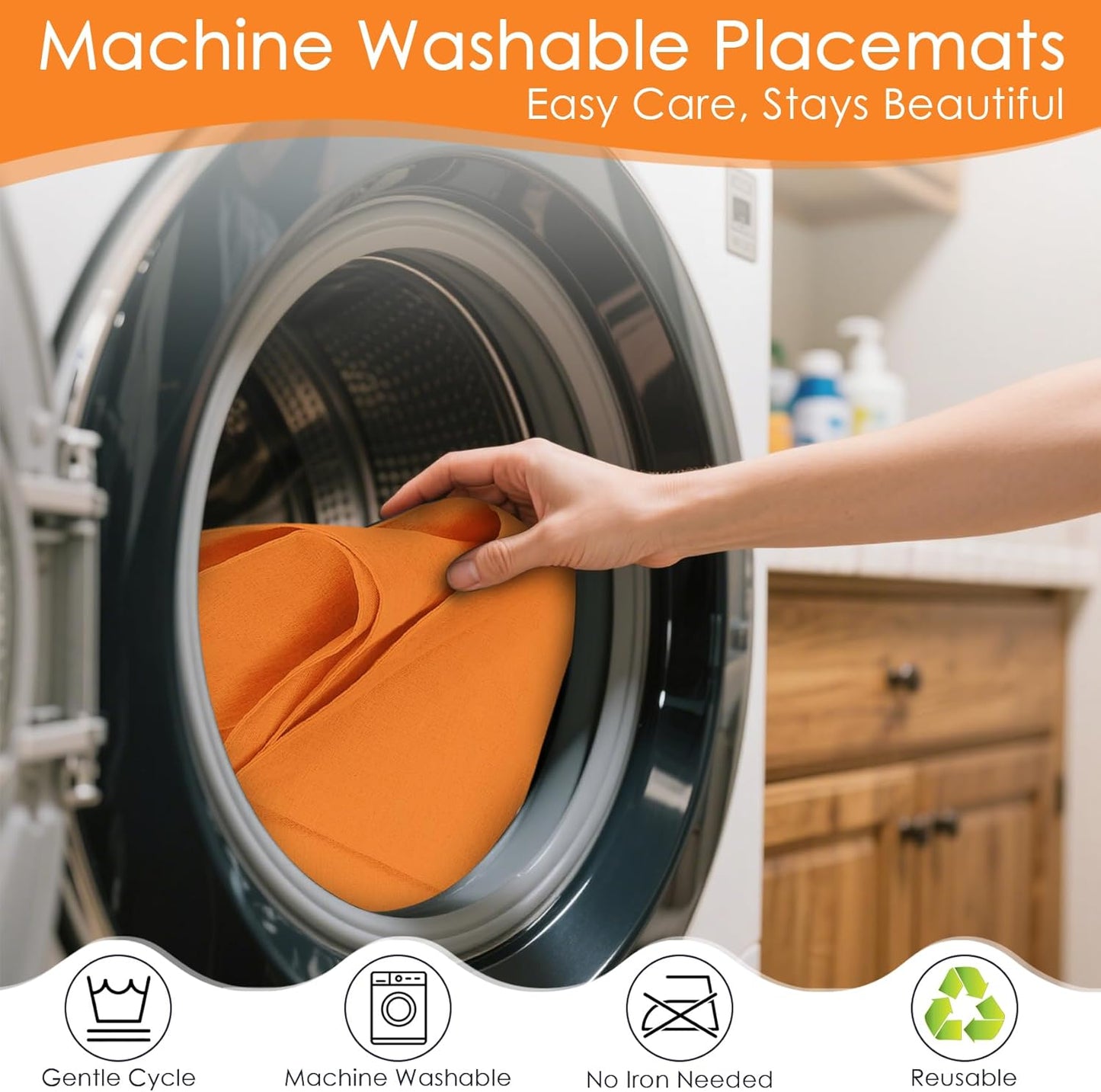 MANSPHIL Fall Orange Placemats Set of 4 Washable Fabric Table Mats Thick Faux Linen Place Mats Heat Resistant Double Layer Wrinkle Free Dining Kitchen Table Decor - 13x19 Inch Oeko Tex Placemat