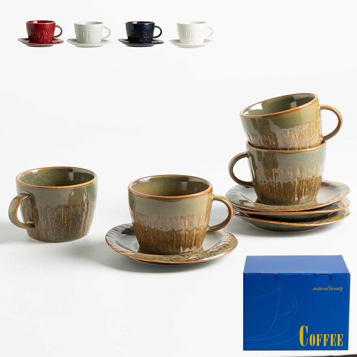7.4oz Espresso Cups Set of 4 - Ceramic Cappuccino Cups with Saucers - Microwave and Dishwasher Safe, Perfect For Tea, Latte - Porcelain Drinkware for Kitchen or Cafe (brown)