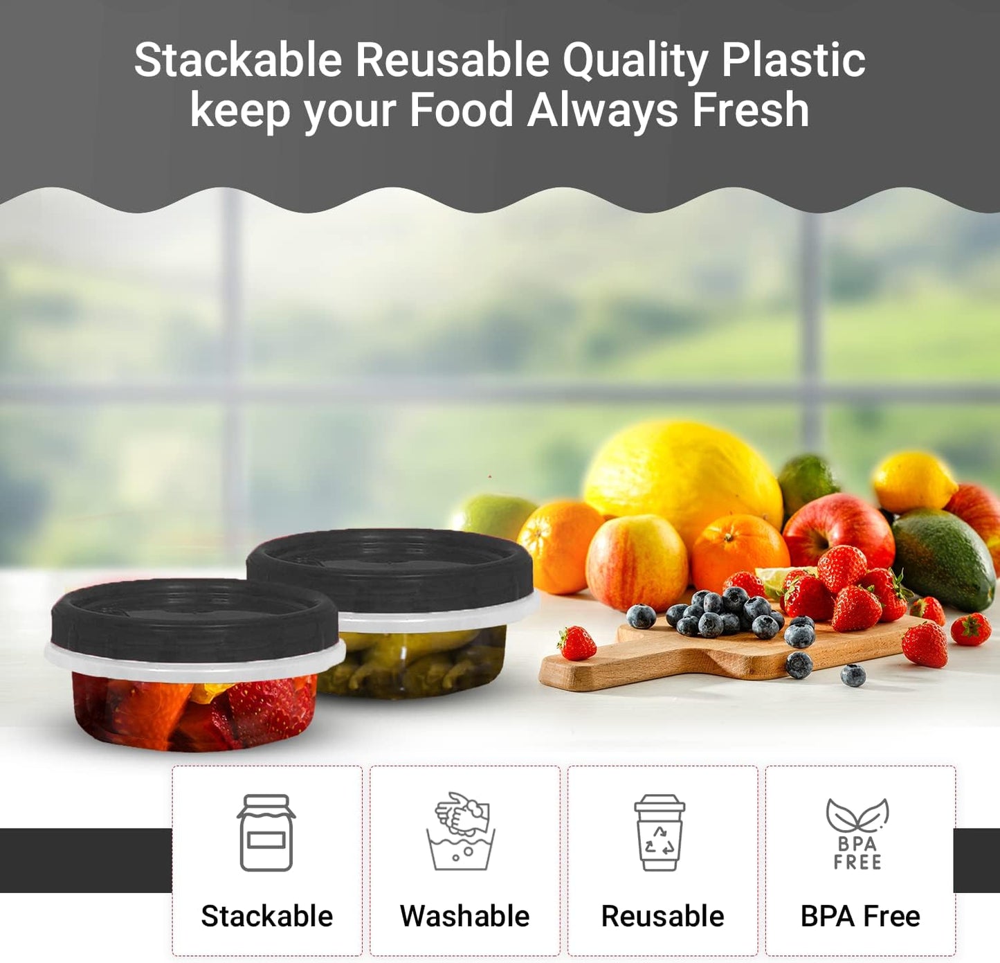 [Black - 12 Pk] Airtight Deli Containers with Lids Twist Lock Top Clear Food Storage for Meal Prep Snacks and Leftovers Freezer and Microwave Safe Stackable Leak-Resistant and 12 Pc. Set (8 Ounce)