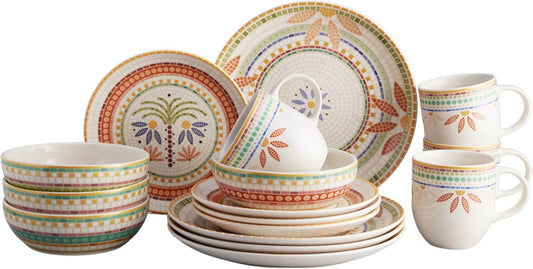 Corona Dinnerware Set 16–piece Mosaic Tropical Flower Pattern Ceramic Dinnerware Sets | Plates, Bowls and Mugs | Service For 4 | Fiore