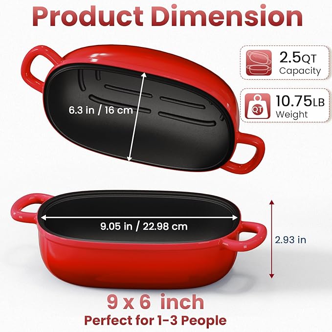 Cast Iron Dutch Bread Oven - 2.5QT Dutch Oven for Sourdough Bread Baking, Cast Iron Bread Loaf Pan with Lid, Easy Homemade Sourdough Dutch Oven, Blue Oval Bread Baking Pan, Gift for Family & Baker，Red