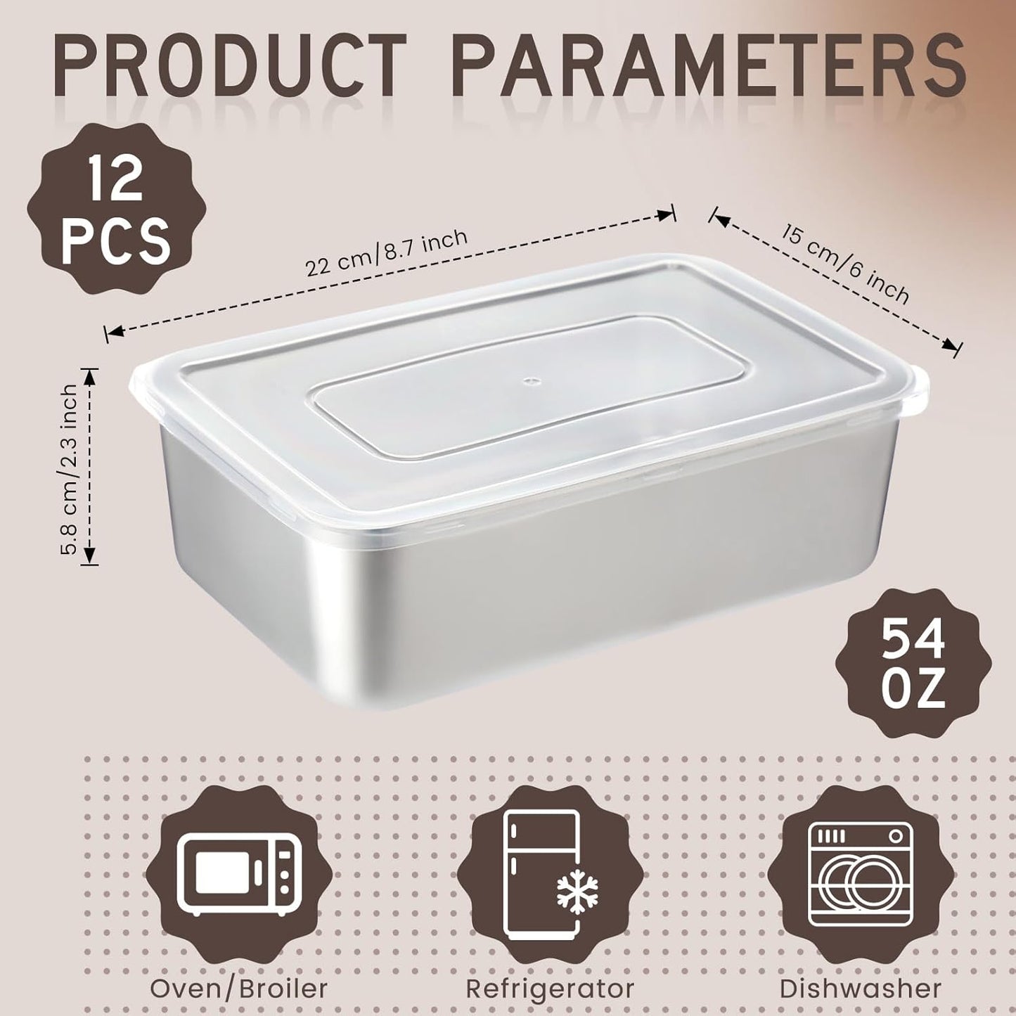 12 Pcs Stainless Steel Food Storage Containers with Lids, 54 oz Metal Freezer Containers, Lightweight Stackable Easy Open Reusable Meal Prep Box for Kitchen Picnic Oven Dishwasher Safe