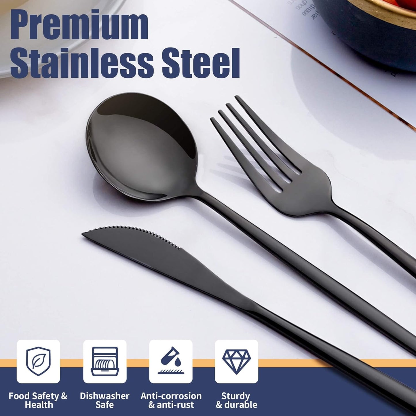 20 Piece Black Silverware Set,Stainless Steel Flatware Cutlery Set Service for 4 Including Forks Spoons Knives,Kitchen Utensil Set,Tableware for Home and Restaurant, Dishwasher Safe