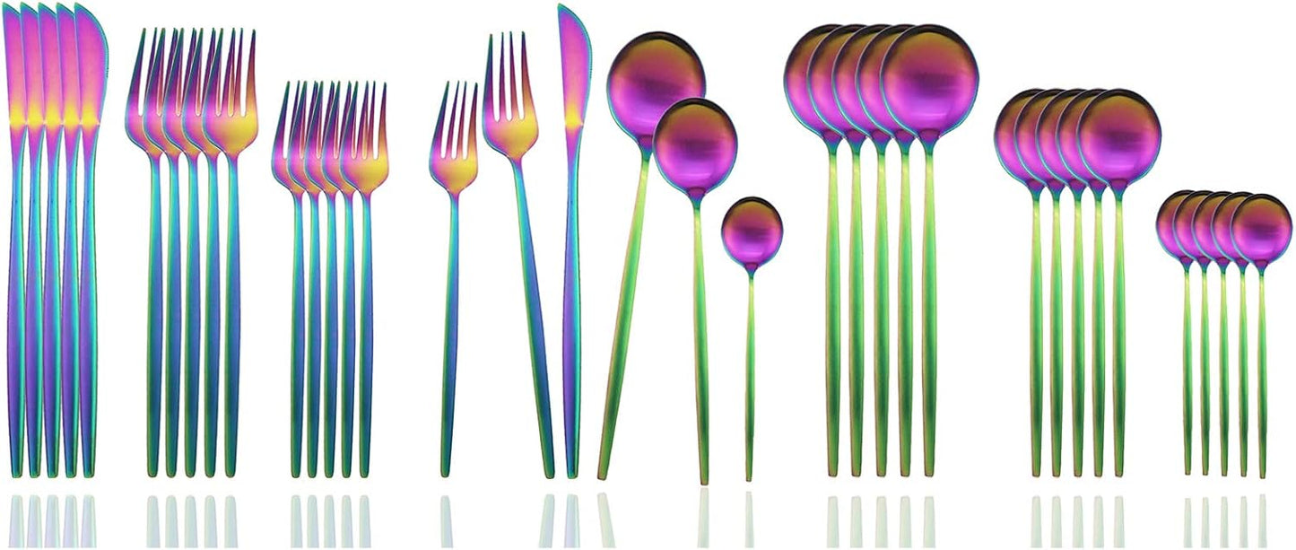 JASHII Silverware Set, 36 Piece Food Grade Stainless Steel Flatware Set Fork Spoon Knife Utensils for Daily Use and Party, Service for 6 Anti Rust, Safe in Dishwasher (Matte Rainbow)