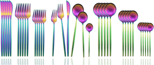 JASHII Silverware Set, 36 Piece Food Grade Stainless Steel Flatware Set Fork Spoon Knife Utensils for Daily Use and Party, Service for 6 Anti Rust, Safe in Dishwasher (Matte Rainbow)