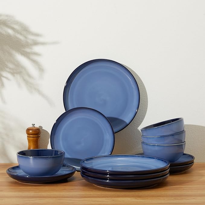 Stoneware Dinnerware Sets, Ceramic Plates and Bowls Set, Microwave & Dishwasher Safe Kitchen Dish Set, Modern Dinner Plates | Salad Plate | Cereal Bowls for 4, Dishware Sets Blue