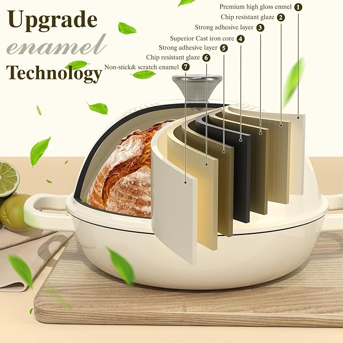 Enameled Round Cast Iron Bread Oven, 6 Qt Cast Iron Dutch Oven for Homemade Sourdough Bread Baking, Bread Pot with Dome Lid & Cotton Potholders (Cream White)