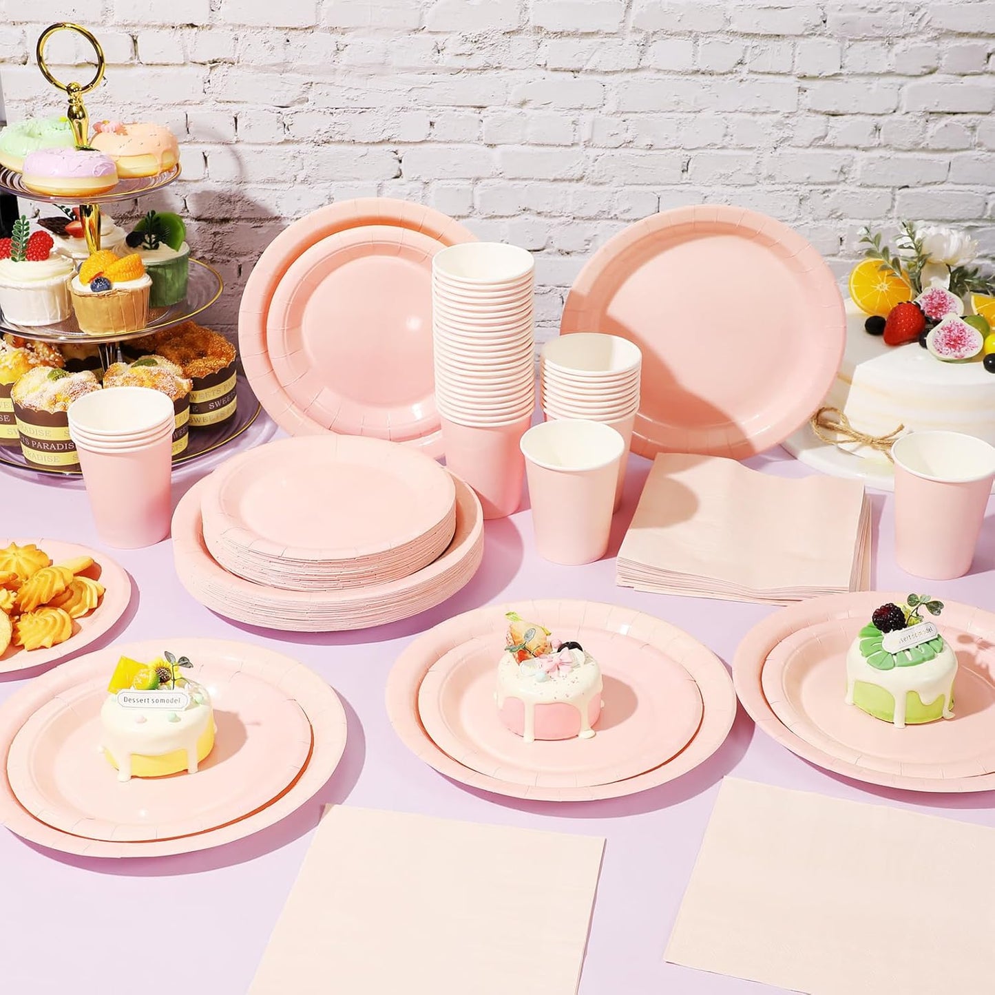 Tioncy 200 Pcs Disposable Paper Plates Cups and Napkins Party Supplies Serve 50 Guests Disposable Paper Dinnerware Set for Halloween Birthday Wedding Baby Shower Family Picnic(Pastel Pink)