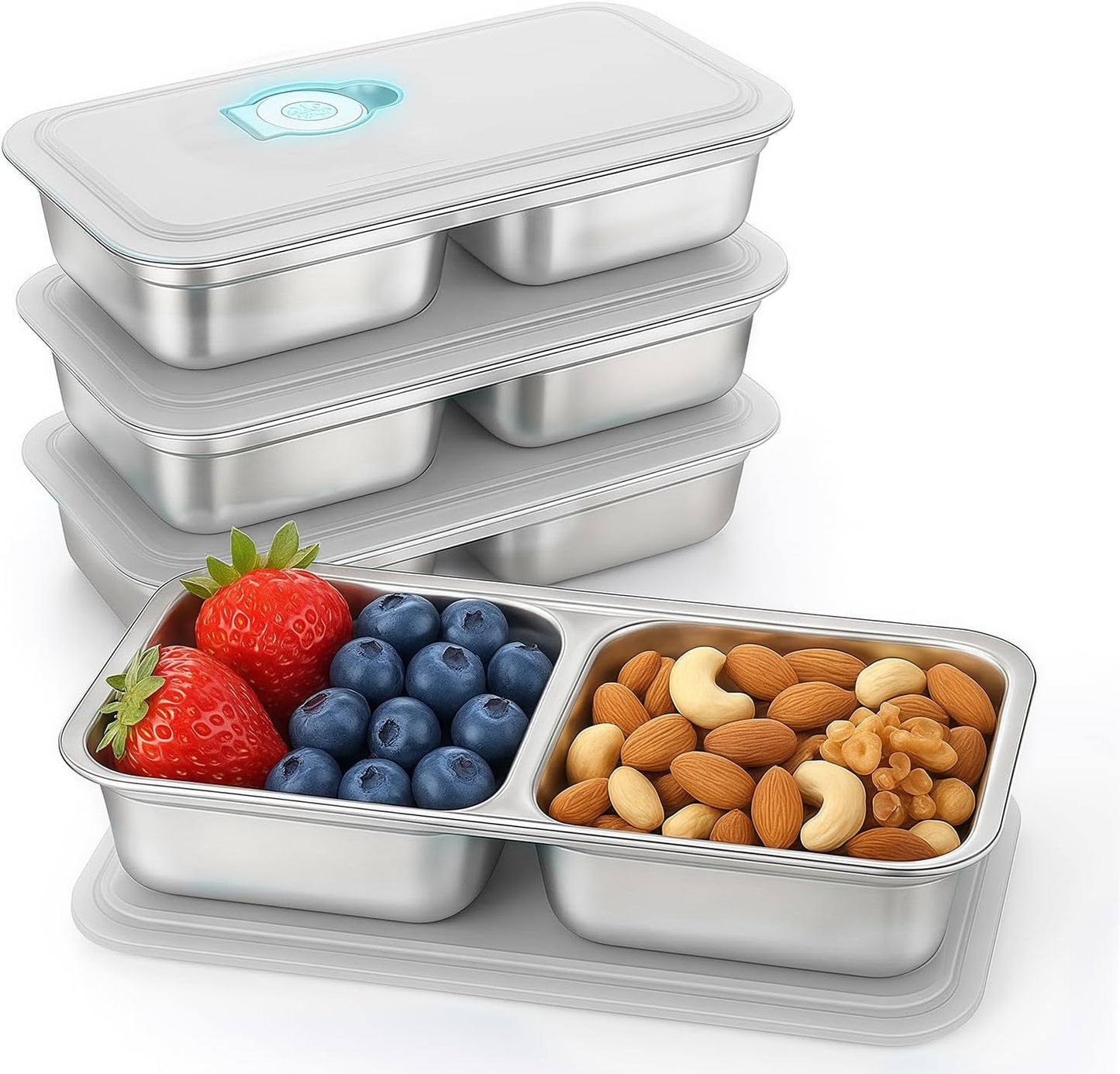 4Pcs 304 Stainless Steel Snack Containers, 30 oz 2 Compartments Portable Food Storage Bento Boxes with Leakproof Lids, Divided Meal Prep Lunch Box Food Container Dishwasher Safe