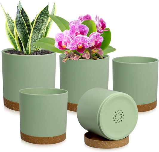 5 Pack Cylindrical Flower Pots with 7/6.5/6/5/4 inch, Modern Small Plastic Plant Pots with Drainage Holes & Saucers, Round Planter Pots for Outdoor, Indoor & Office Decor (Green Brown)