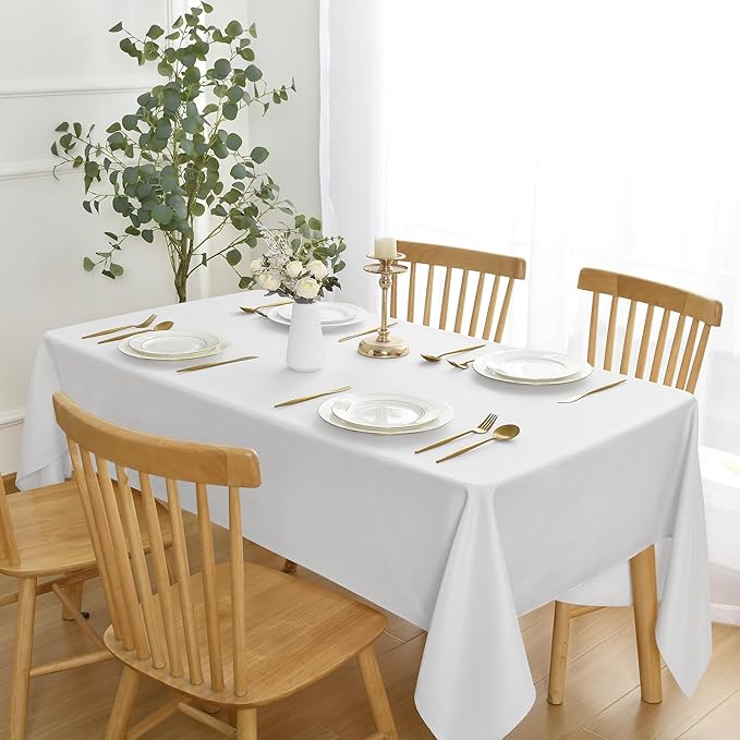 JIUZHEN Faux Linen Farmhouse Tablecloth Rectangular, Wrinkle Stain Resistant Table Cloth Rectangle Table Cover for Kitchen Dining, Holiday Party Dinner, White, 70 x 140 Inch