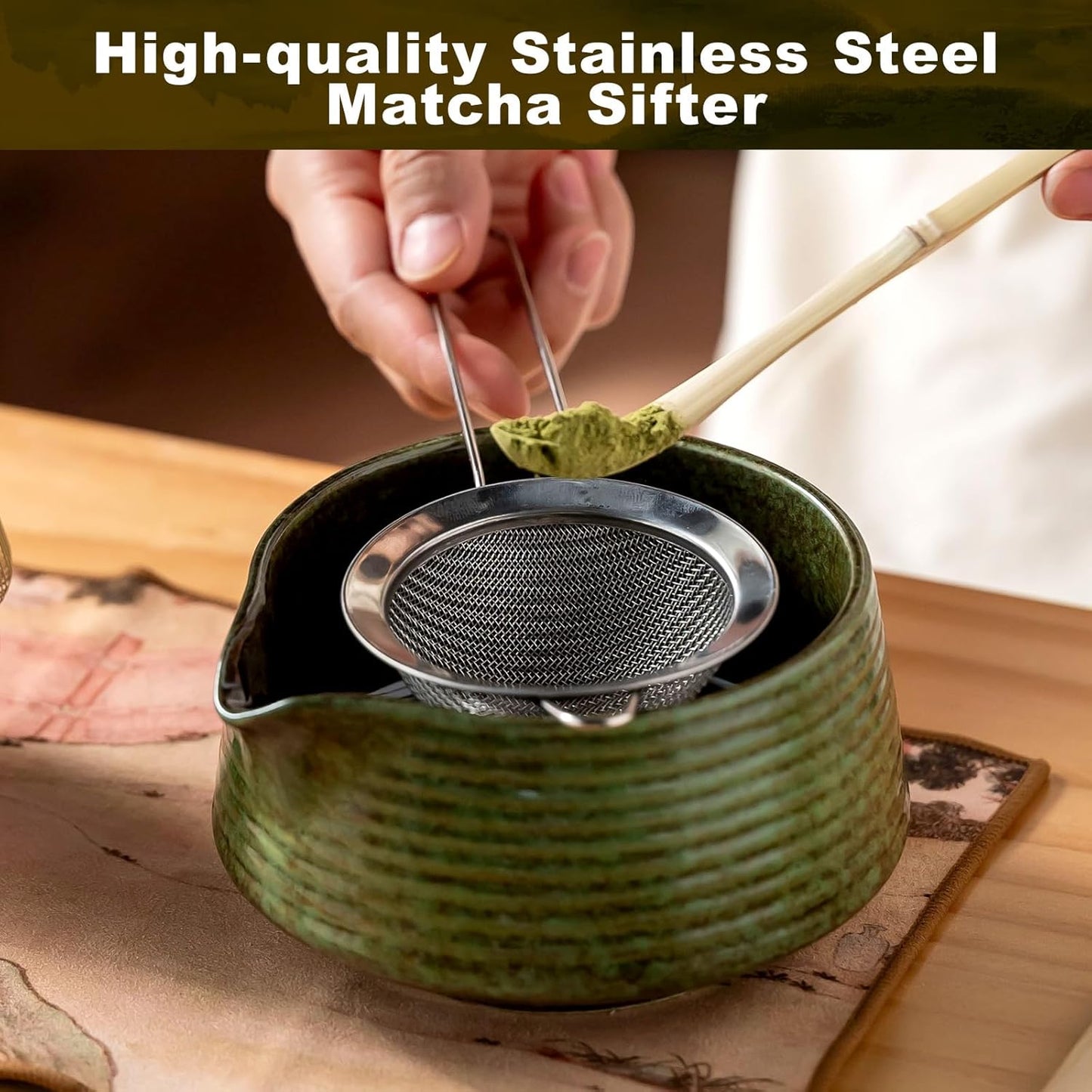 Matcha Whisk Set,(8Pcs) Includes Ceramic Matcha Bowl, Whisk, Holder, Scoop and Spoon, Rest, Sifter, Tea Towel,Traditional Tea Ceremony Set Gift