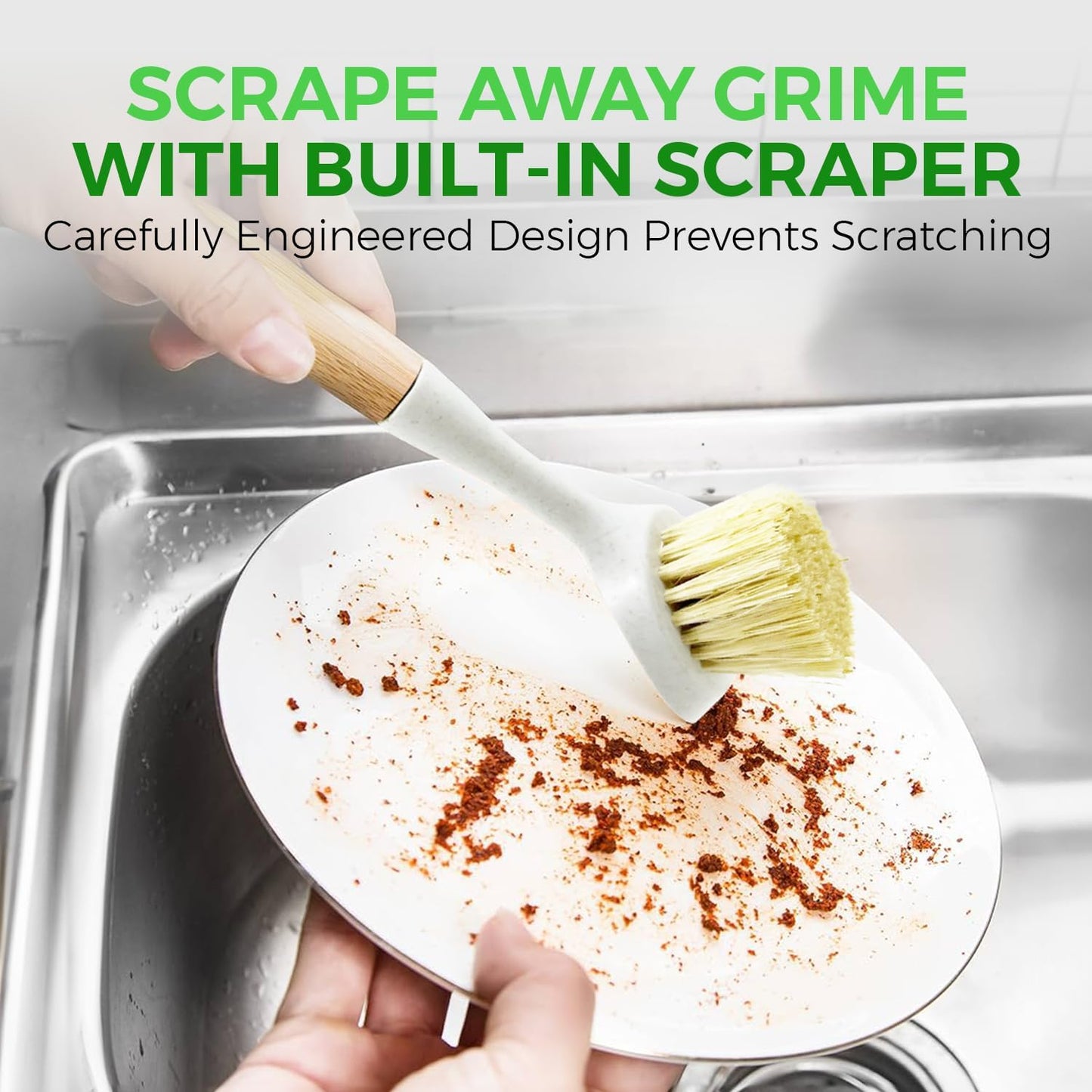 Bamboo Dish Scrubber Brush Set of 2-100% Plastic-Free Kitchen Brushes for Dishes Made from Wheat Straw with Sisal Bristles - Non Scratch, Odor Free Wood Scrub for Pots, Pans and Vegetables