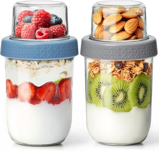 2 Pack 16 OZ Overnight Oats Containers with Lids, Dual-Layer Glass Meal Prep with Dry and Wet Separation, Airtight Food Jars for Oatmeal Yogurt Parfait Cups Cereal Nut Fruit (Mixed color 1)