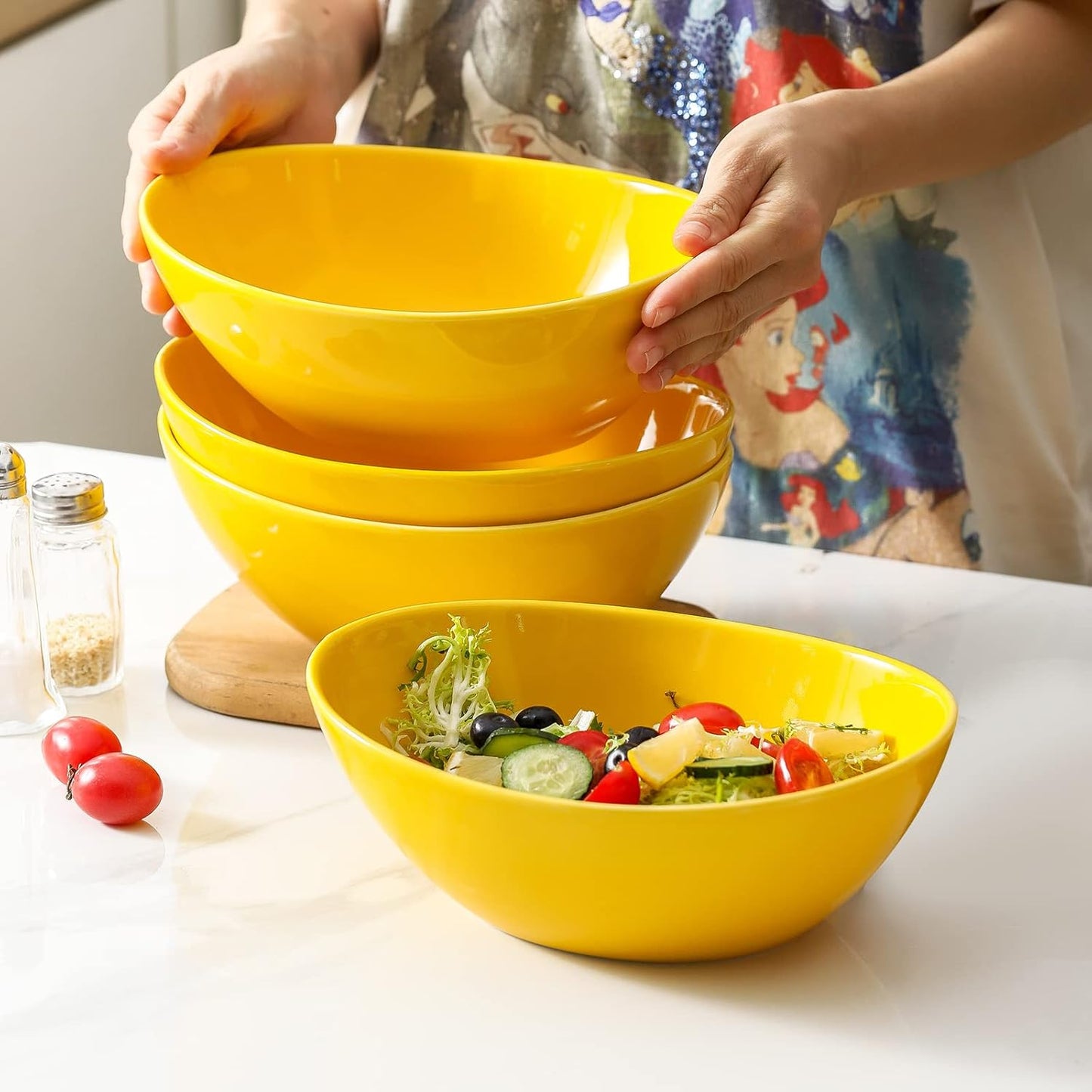 Hasense Large Serving Bowls, Ceramic Salad Mixing Bowls, 42 Ounce Serving Dishes for Entertaining, Oval Pasta Bowls for Soup Salad Popcorn Side Dishes, Set of 4, Yellow