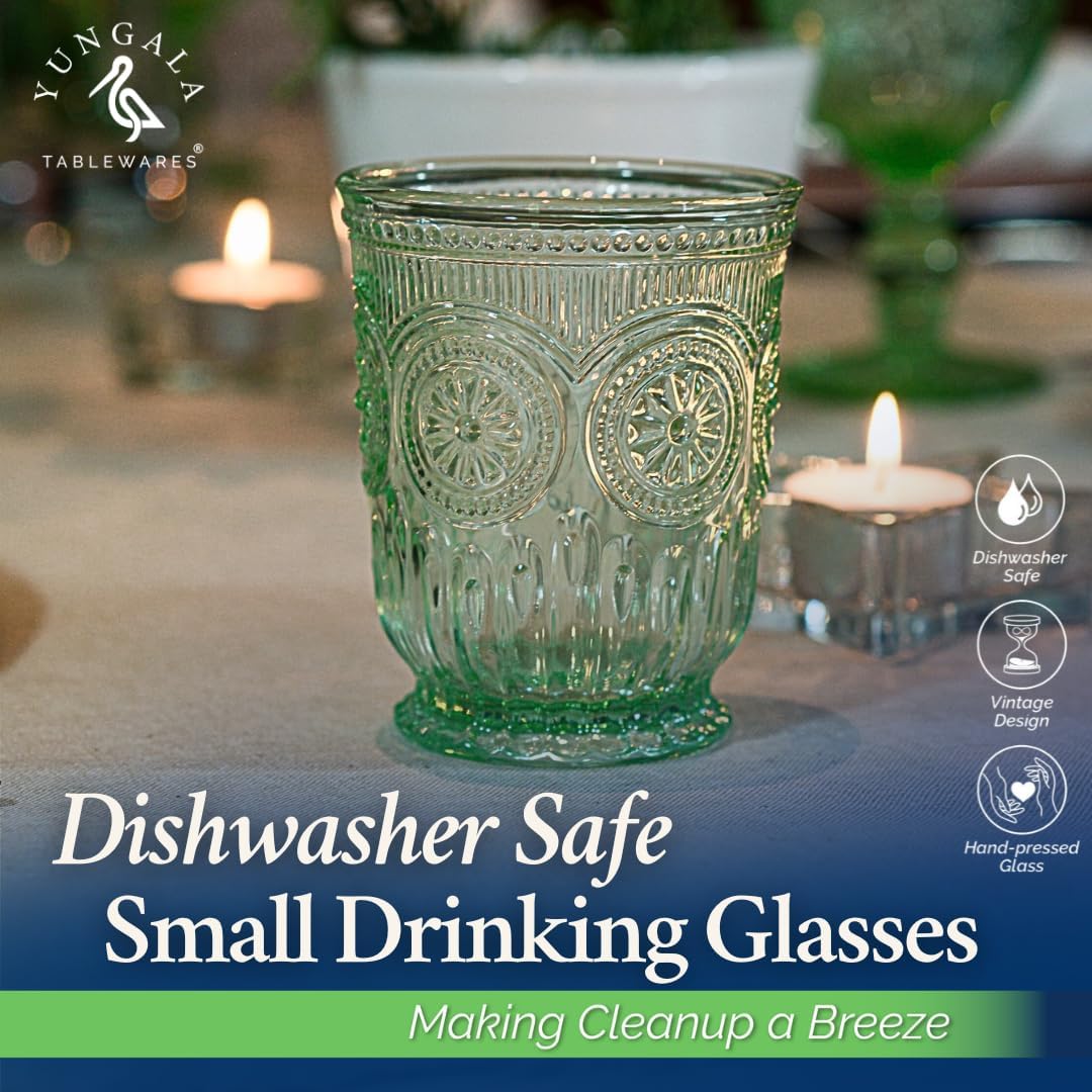 Yungala Green Glassware set of 6 green drinking glasses, textured colored vintage glass cups dishwasher safe