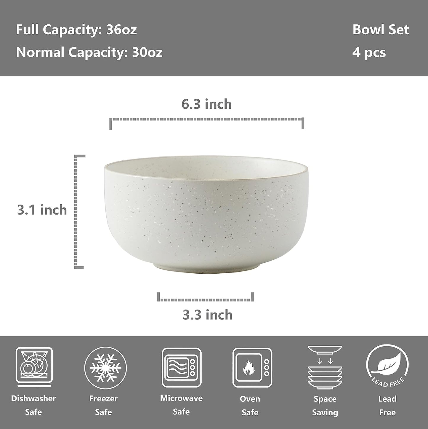 S&Q'S CERAMICS S&Q Ceramic Bowls for Kitchen, 36 Ounce, Large Capacity Cereal Bowls Set of 4, For Soup, Oatmeal, Breakfast, Microwave and Dishwasher Safe, Glazed Matte Off White…