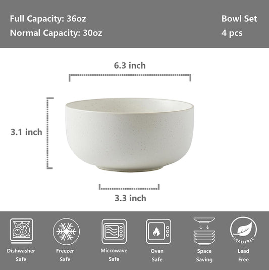 S&Q'S CERAMICS S&Q Ceramic Bowls for Kitchen, 36 Ounce, Large Capacity Cereal Bowls Set of 4, For Soup, Oatmeal, Breakfast, Microwave and Dishwasher Safe, Glazed Matte Off White…