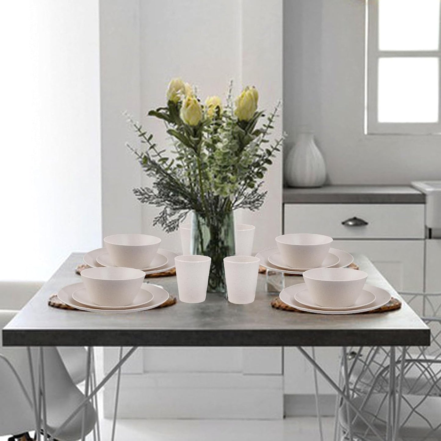 Supernal 32pcs Wheat Straw Dinnerware Sets Cream Color,Plates and Bowls Sets,Beige Plastic Dinnerware Sets, Dish Set for 8 with 25pcs Gold Napkins, Dishwasher Safe Plates