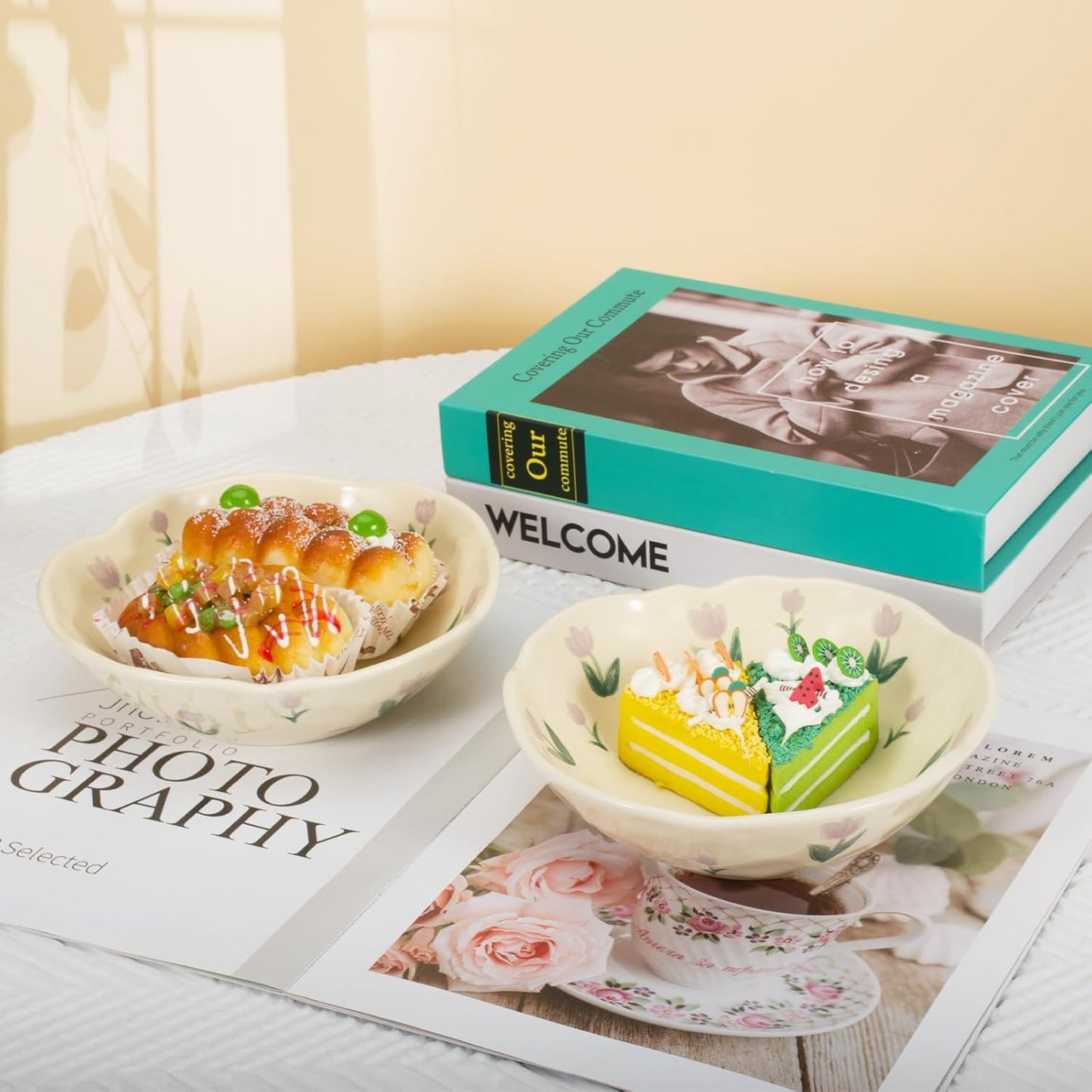 Koythin Salad Bowls Set of 2, Cute Purple Tulip Flower Ceramic Bowls, Cream Yellow Serving Bowl for Pasta, Cereal, Fruit, Soup, Rice, Dishwasher and Microwave Safe (Purple Tulip Set of 2)