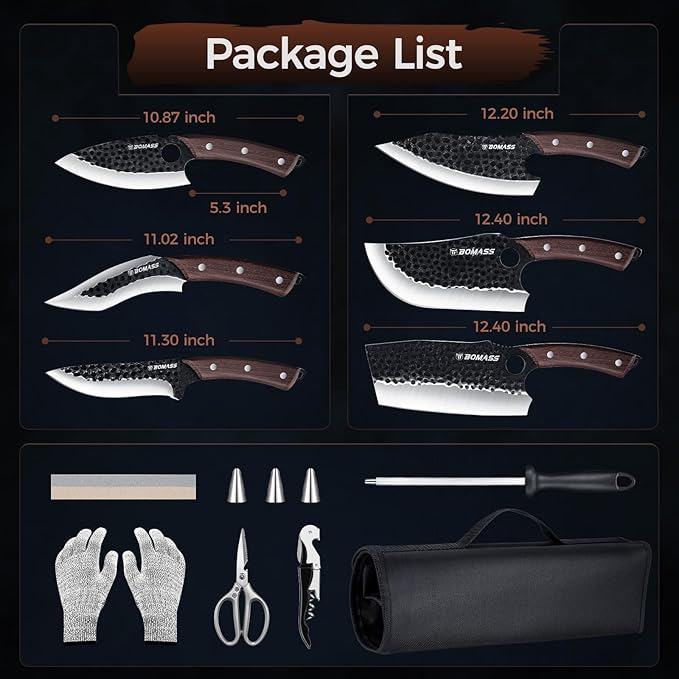 Meat Cleaver Butcher Knife Set of 13, Hand Forged Santoku Knife Paring Knife, High Carbon Steel Kitchen Boning for Meat Cutting with Roll Bag & Accessories Kitchen BBQ Gift for Men