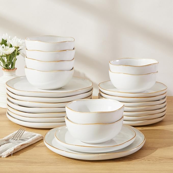 24 Piece White Ceramic Plates and Bowls Sets for 8, Reactive Glaze Stoneware with Coastal‑Line Look | Ideal for Holiday Entertaining, Thanksgiving, and Large Family Meals