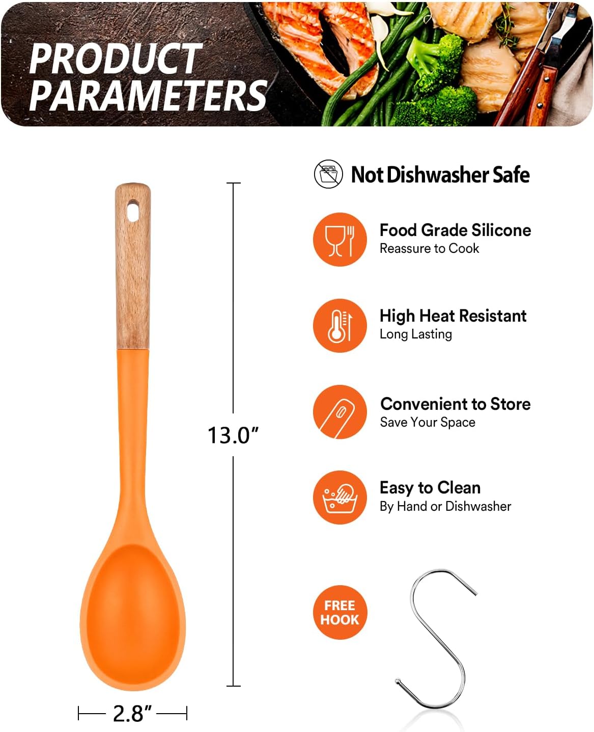 Large Silicone Cooking Spoons, Nonstick Solid Wooden Handle Spoon, Heat Resistan Silicone Kitchen Spoons for Cooking, Serving, Basting, Mixing, 13.2inch (ORANGE)