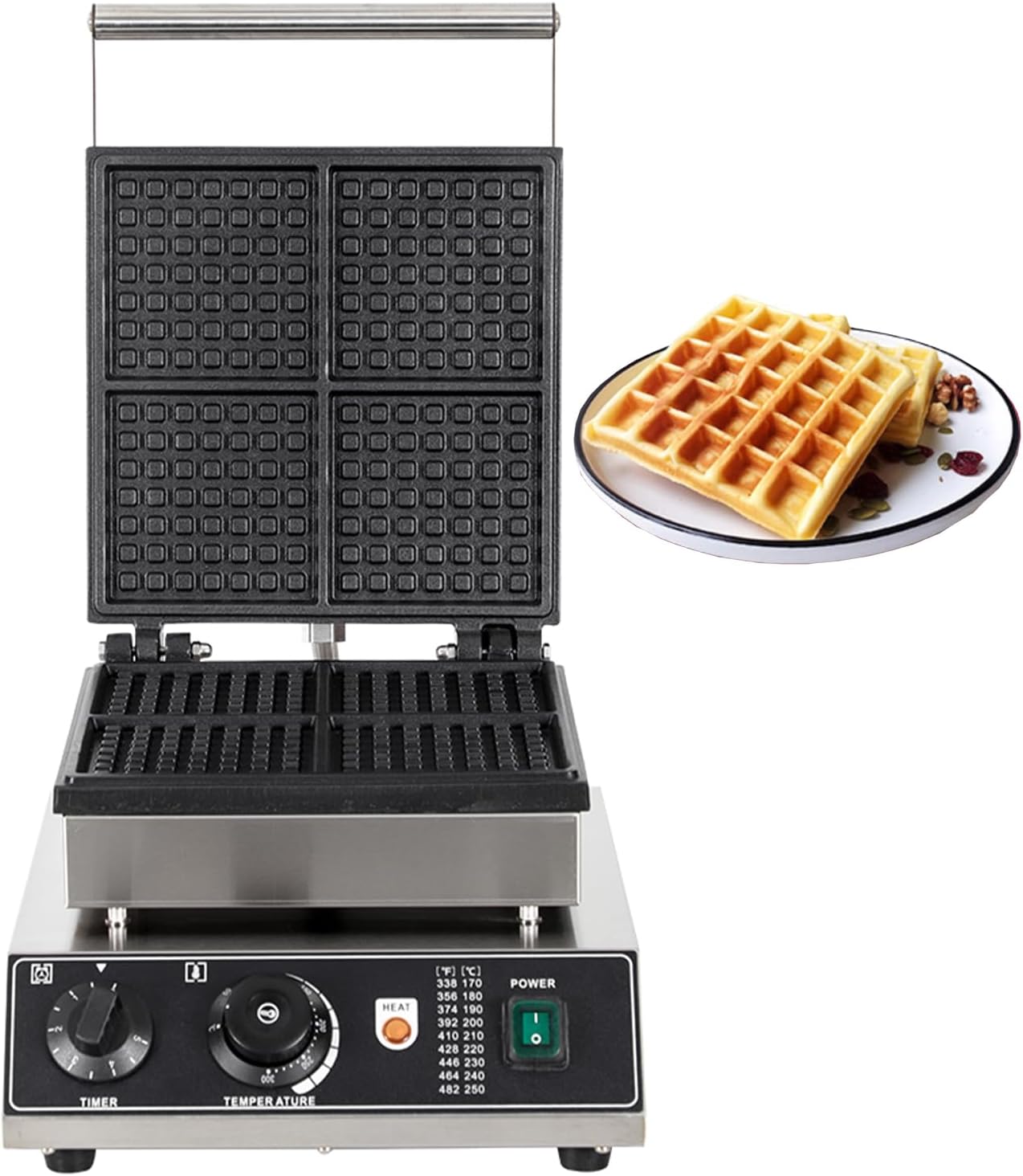 Industrial Waffle Maker 1750W Square Waffle Iron, 110V Non-Stick Waffle Baker Machine, 4 Slice Belgian Waffle Maker Teflon-Coated Baking Pans Stainless Steel Body,50-300℃/122-572℉ Adjustable