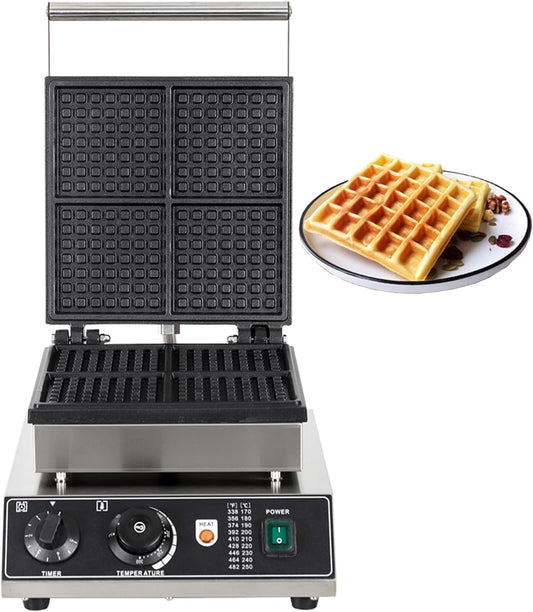 Industrial Waffle Maker 1750W Square Waffle Iron, 110V Non-Stick Waffle Baker Machine, 4 Slice Belgian Waffle Maker Teflon-Coated Baking Pans Stainless Steel Body,50-300℃/122-572℉ Adjustable