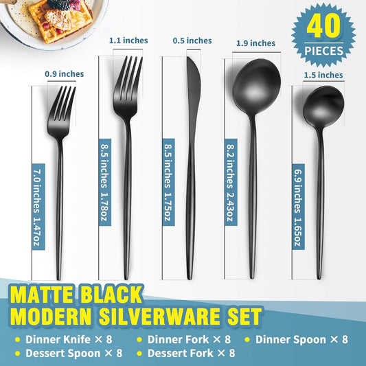 Lemeya Matte Black Silverware Set for 8,Modern Stainless Steel Brushed Cutlery Set,40-Pieces Heavy Duty Flatware Set,Knives Spoons and Forks Set Utensils Set, Satin Finish, Dishwasher Safe