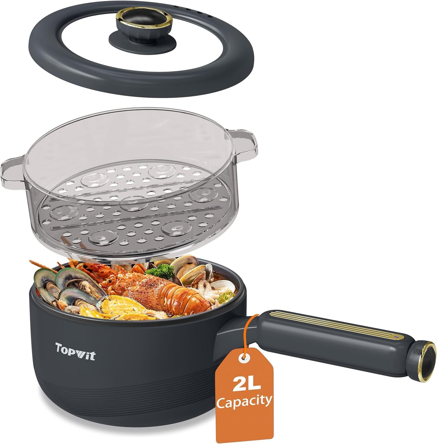 TOPWIT Hot Pot Electric with Steamer, 2L Multifunctional Electric Pot, Non-Stick Sauté Pan, Portable Pot for Steak, Fried Rice, Ramen, Soup with Dual Power Control (Spatula Not Included), Grey