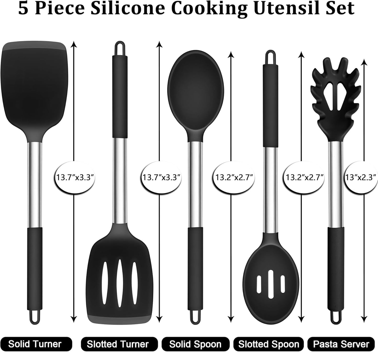TeamFar Cooking Utensils Set, 5 PCS Silicone Kitchen Utensils with Stainless Steel Handle, for Nonstick Cookware Flipping Frying Turning Draining, Heatproof & Healthy, Nonstick & Easy Clean, Black