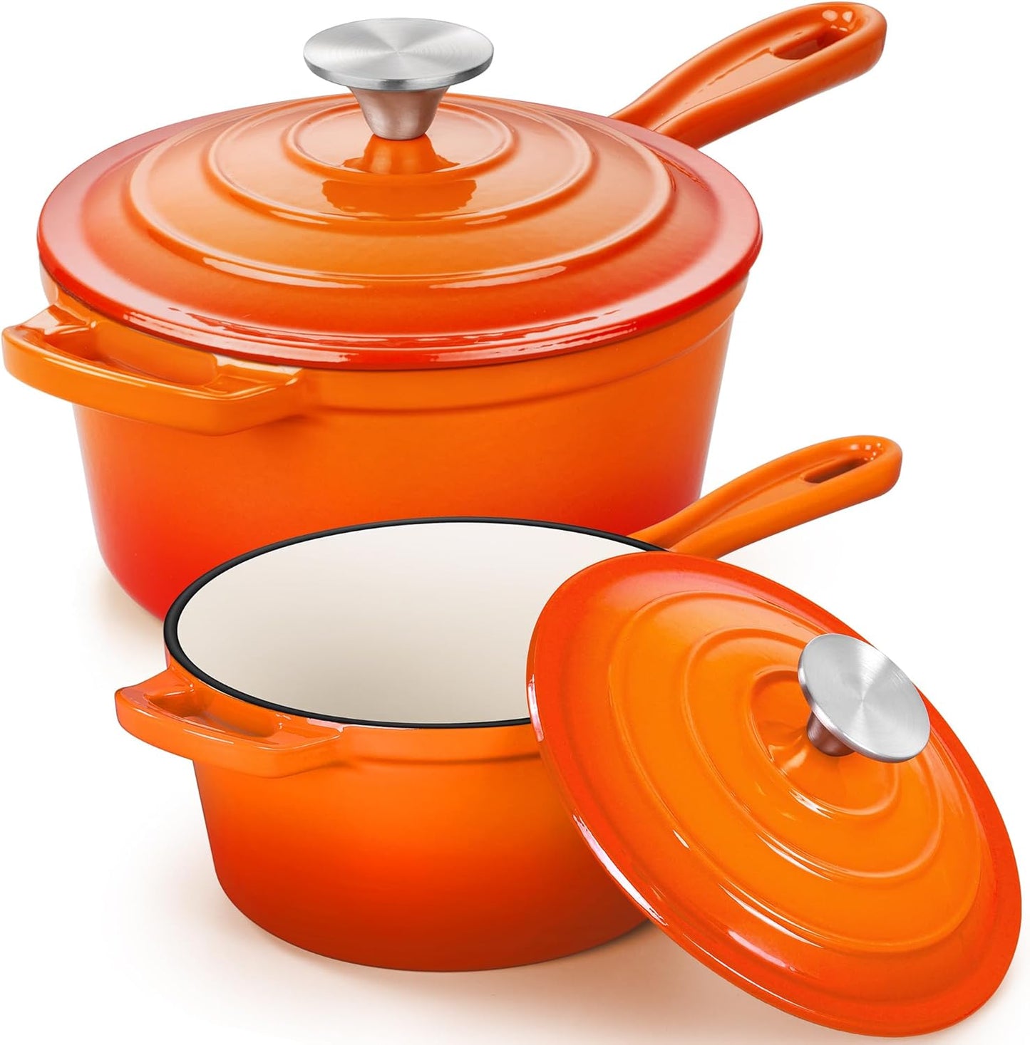 E-far Sauce Pan Set with Lid, 1Qt & 2Qt Enameled Cast Iron Pot Sets for Kitchen Cooking, Small Heavy Duty Dutch Oven Saucepans & Self-basting Lids, Induction-Ready & Easy Clean, Orange