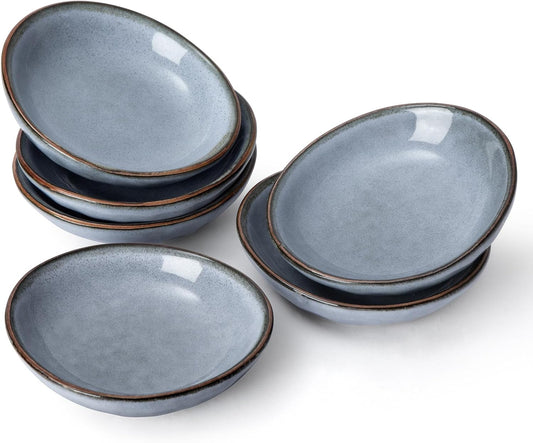 famiware Ocean Soy Sauce Dishes of 6, Oval Dipping Sauce Cups/Bowls/Dishes for Kitchen, 2.1oz Ceramic Small Bowls for Side Dish, Appetizers, Snacks, and Sushi, Reactive Glaze, Dishwasher Safe, Blue