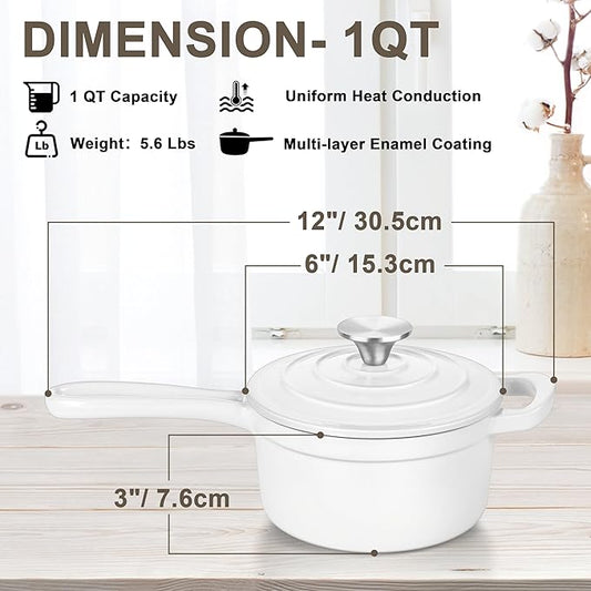 Enameled Cast Iron Sauce Pan with Lid, Leonyo 1 Quart Saucepan with Lid, Heavy Duty Cast Iron Pot Kitchen Cookware for All Cooktops Cooking Pasta Sauce, Soup, Milk - Up to 500°F & 4.4Lbs, White