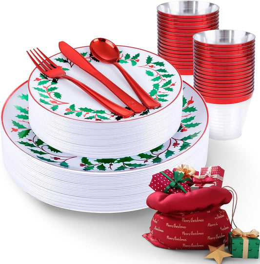 KIRE 150PCS Christmas Plates Disposable - Christmas Plates Dinnerware - White Plastic Plates With Berry And Leaves Design, Red Plastic Silverware And Cups With Red Rim For Christmas Party Supplies