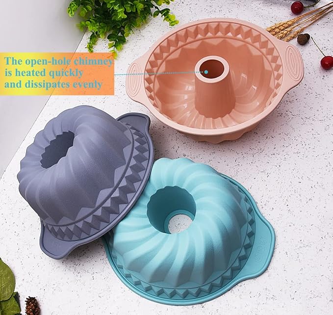 Kenond 9.5 Inch Silicone Cake Pans, Non-stick Fluted Cake Pan with Sturdy Handle, Cake Baking Molds, Perfect Bakeware for Cake, Jello, Gelatin, Bread, Para Gelatinas (Gray)