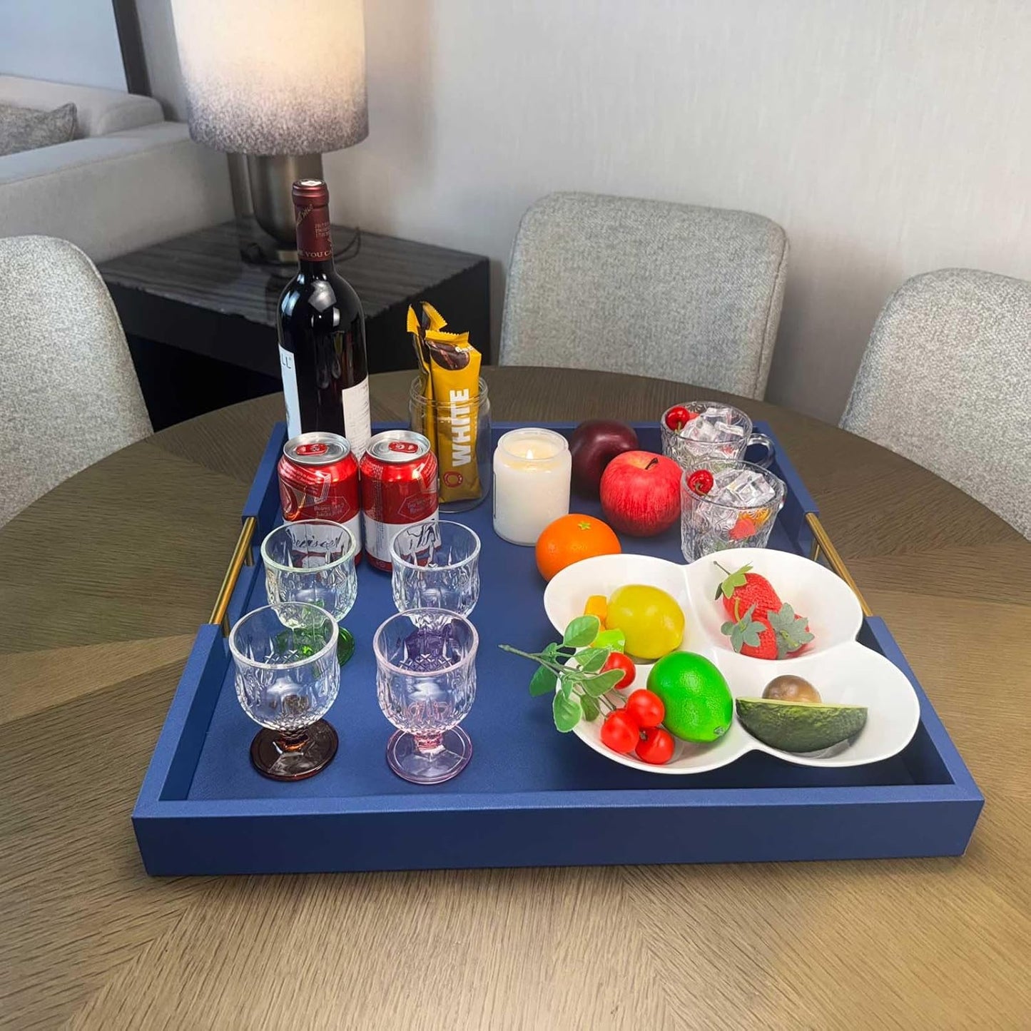 20x20 Inches Extra Large Blue Faux Leather Wrapped Wood Ottoman Tray with Handles for All Occasions, Serving Food Breakfast On Bed, Home Decor Decorative, Living Room,Square Coffee Table Organizer