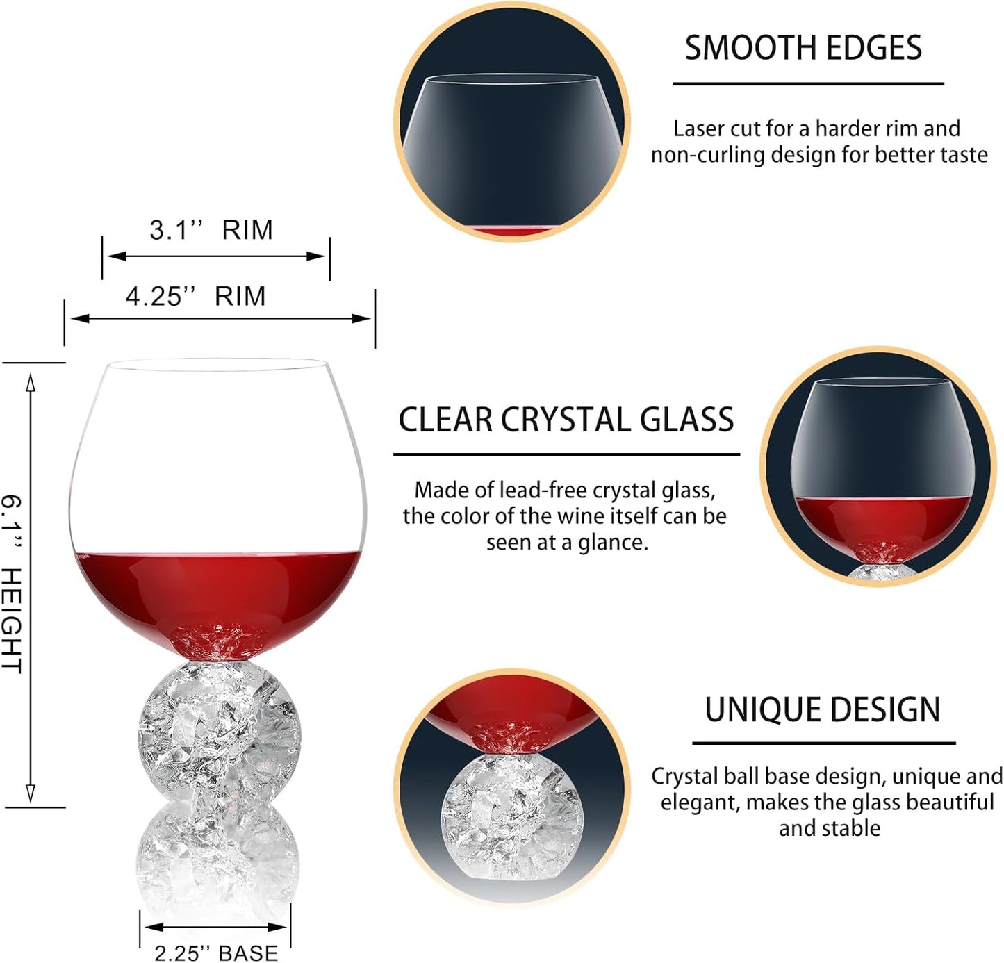 Crystal Wine Glasses Set of 2, 20oz Premium Lead-free Juice Glass with Crystal Ball Base, Red Wine Glasses Set of 2, for Daily Use, Party, Home Bar, Wedding, Shower, Birthday, Christmas Gift