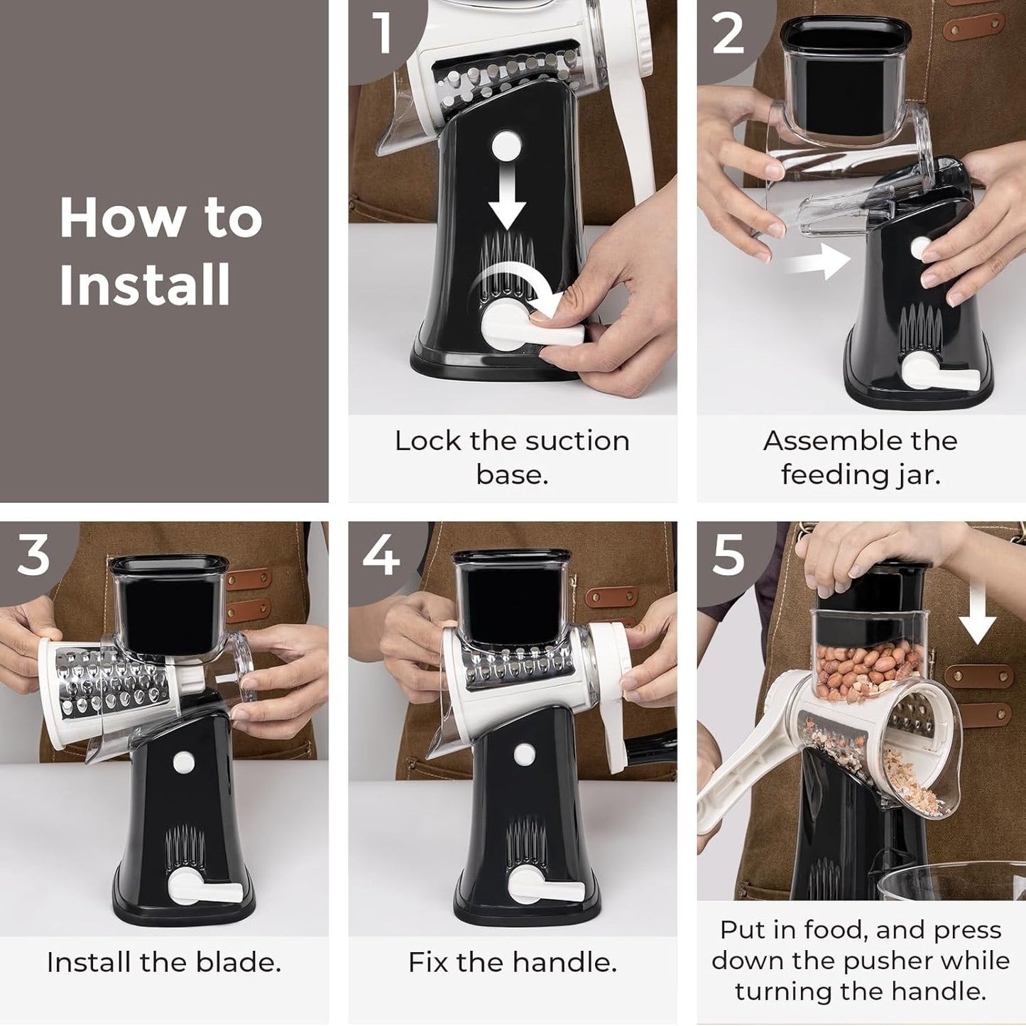 X Home 5-in-1 Rotary Cheese Grater for Kitchen, Upgraded Hand Crank Shredder with Stronger Suction Base & Multifunctional Drum Blades, for Cheese, Vegetables and Nuts, Easy to Use and Clean, Black