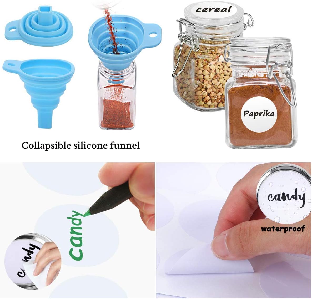 SPANLA Spice Jars, 12 Pack 4oz Small Glass Jars with Airtight Hinged Lid, With 12 Spice Labels & Silicone Funnels, Airtight Glass Jars for Spices, Art Craft Storage (12 Pack)