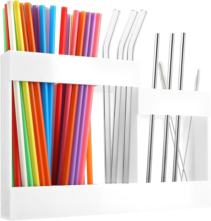 Acrylic Straw Dispenser Organizer - Reusable Metal Straw Holder for Countertop & Cabinet Storage - Ideal for Tumbler Cups, Keep Straws Neat & Accessible, Compatible with Long & Short Straws (White)
