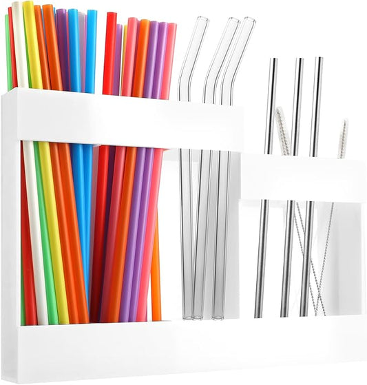 Acrylic Straw Dispenser Organizer - Reusable Metal Straw Holder for Countertop & Cabinet Storage - Ideal for Tumbler Cups, Keep Straws Neat & Accessible, Compatible with Long & Short Straws (White)