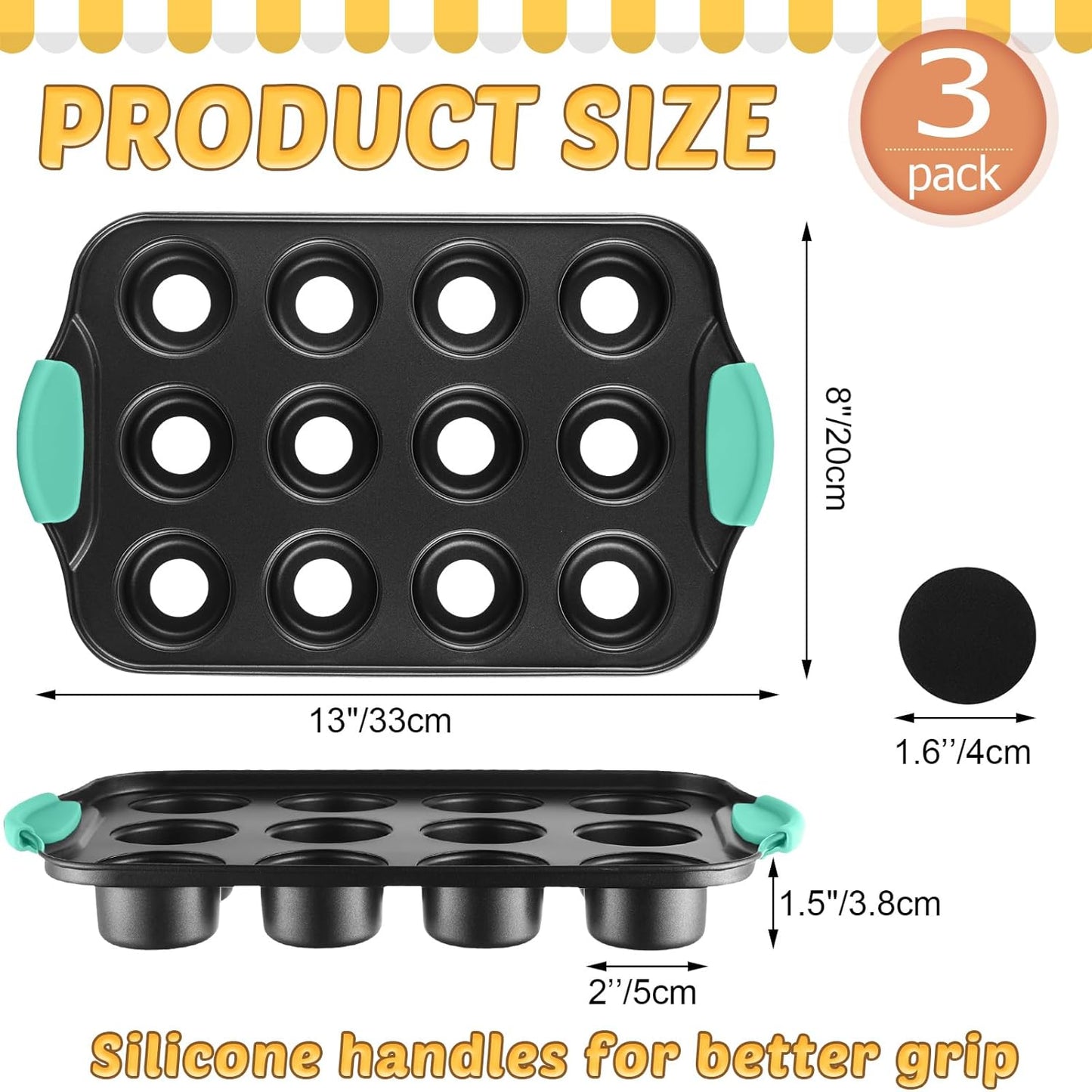 Uiifan 3 Pack Mini Cheesecake Pans Removable Bottom 12 Cavity Mini Cupcake Pan with Silicone Handle Nonslip Anti Heat Nonstick Carbon Steel Muffin Mold 13" x 8" Baking Molds(Mint Green)