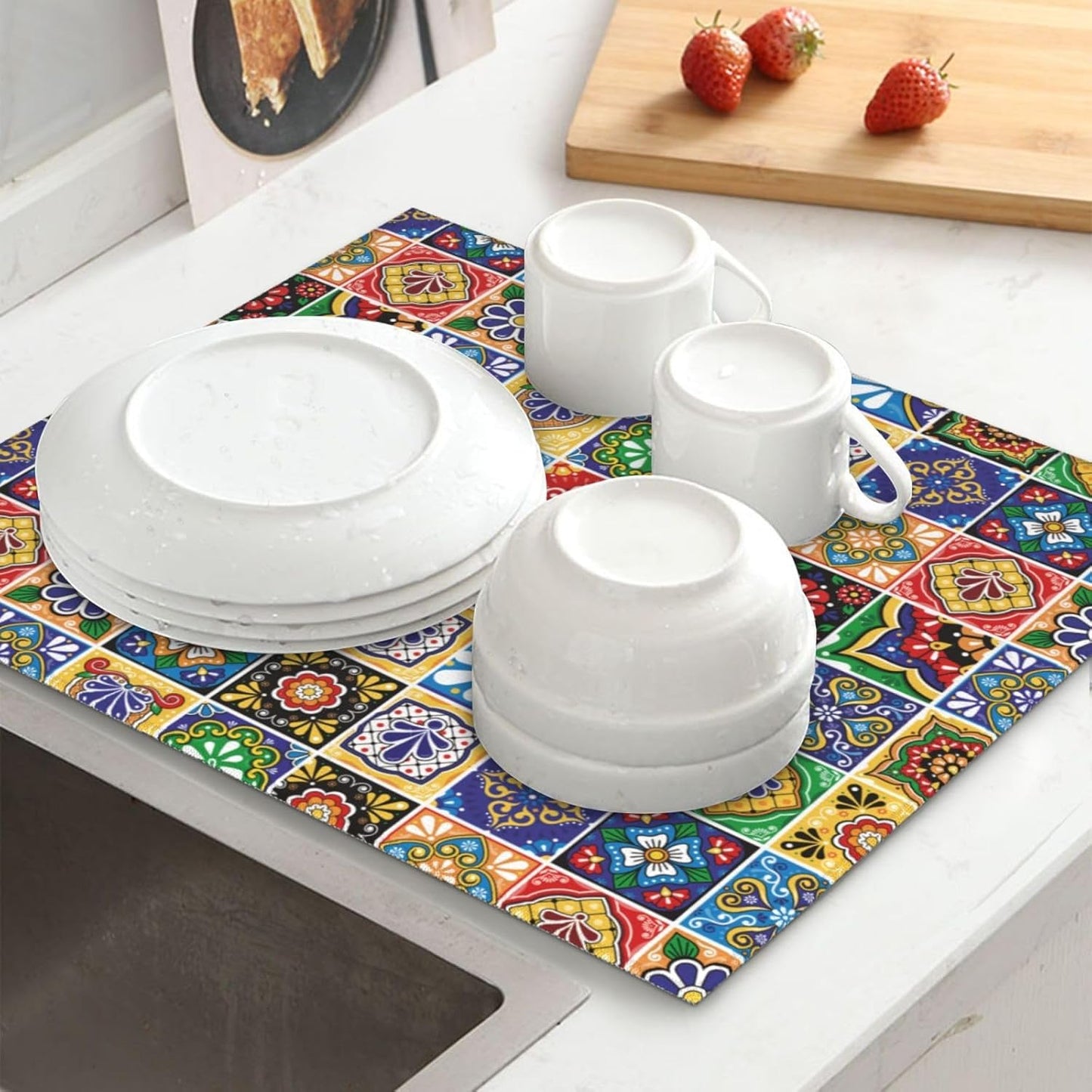 Colorful Mexican Talavera Tile Dish Drying Mats for Kitchen Counter & Sink, Absorbent Microfiber Drying Pad for Dishes, Washable Foldable Bohemian Kitchen Mat for Dining Area & Home Decor, 16" x 18"